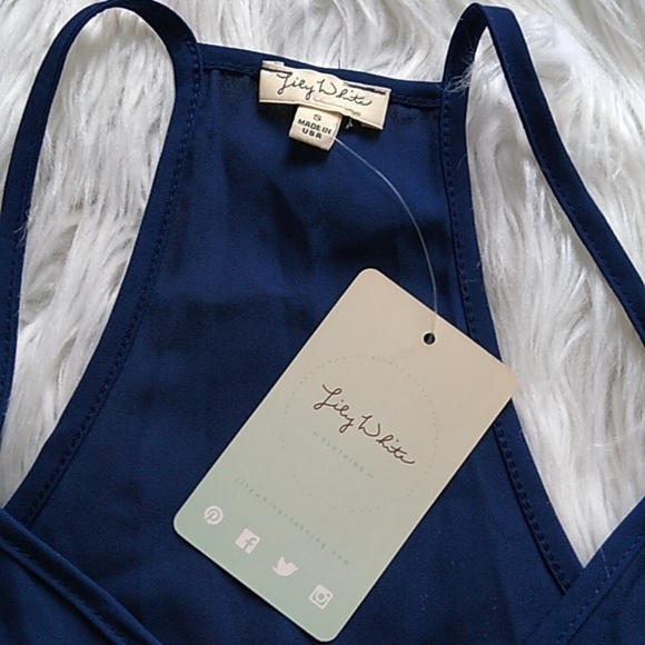 NEW Lily White Sleeveless V Neck Navy Chiffon Surplus Wrap Blouse - Picture 8 of 13